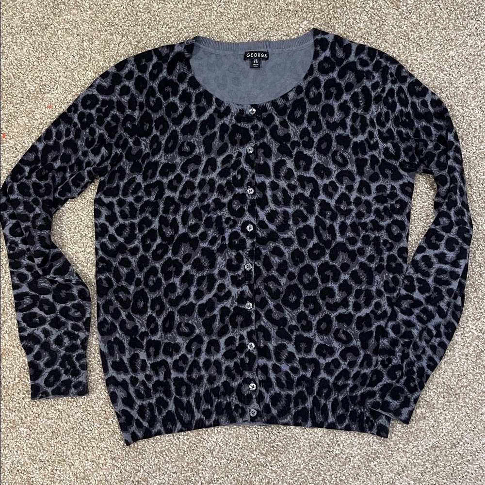 Funky Cheetah Blue Grey Print Scoop Neck Cardigan Sweater